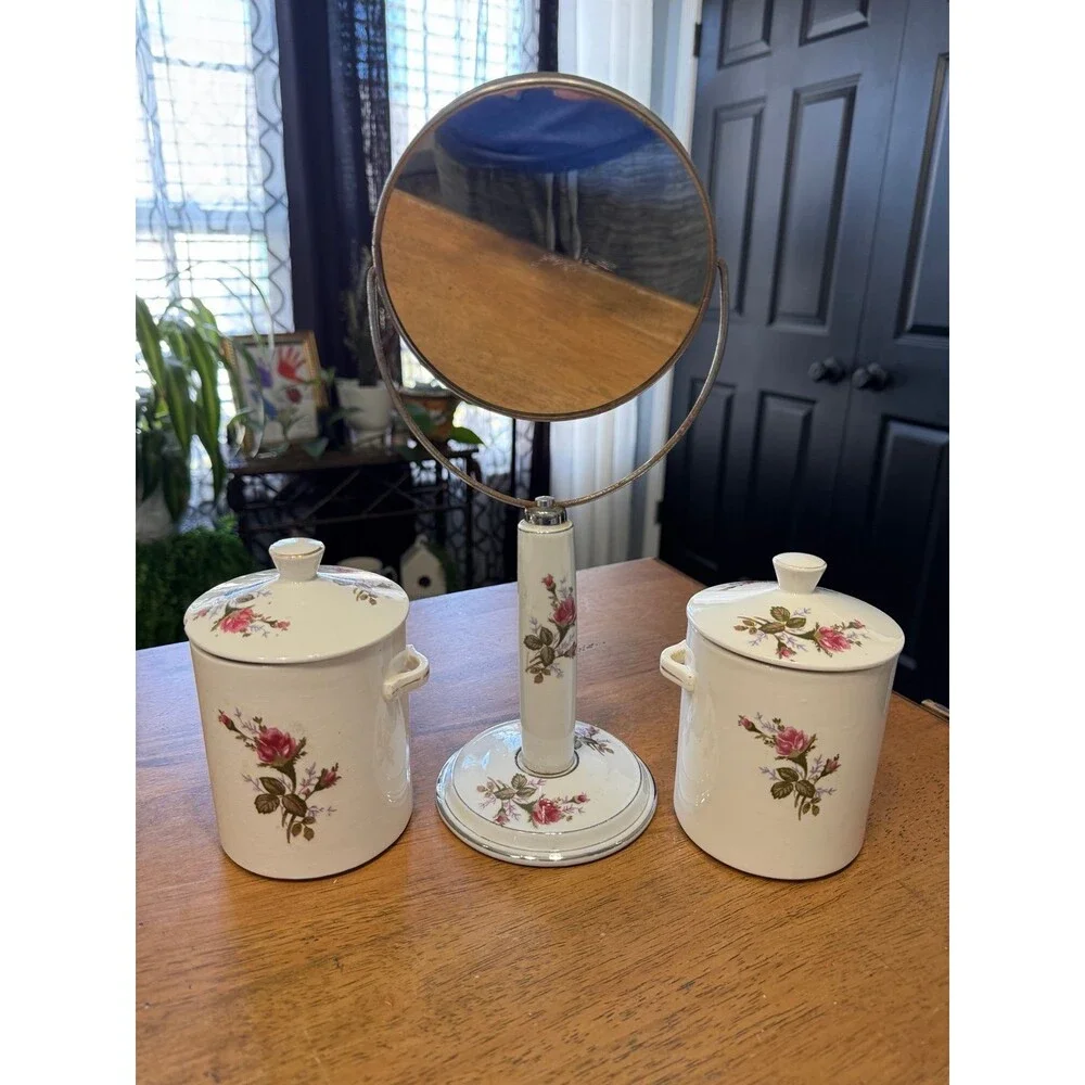 Vintage Moss Rose Vanity swivel Mirror & 2 Jars with lids